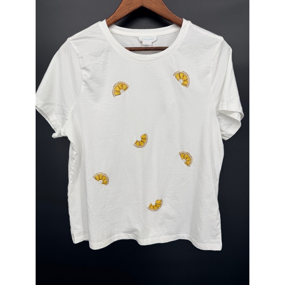 Cynthia Rowley T-Shirt Womens XL White Good Beaded Lemon Slices Cotton Tee